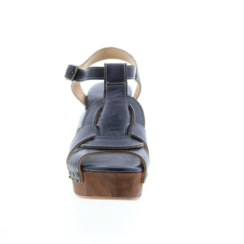 BedStu Caitlin F376002 Womens Blue Leather Hook & Loop Heeled Sandals Shoes