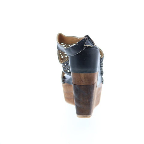 BedStu Petra F394003 Womens Black Leather Hook & Loop Wedges Sandals Shoes