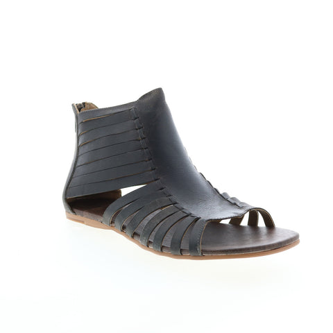 Roan Pearl F990004 Womens Black Leather Zipper Strap Sandals Shoes