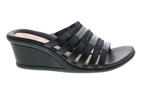 Earth Gardenia Calf Leather Womens Black Slip On Wedges Heels Shoes