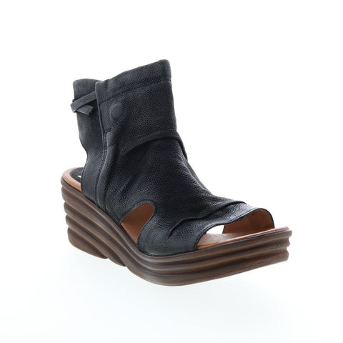 Miz Mooz Anna Womens Black Leather Zipper Wedges Sandals Shoes