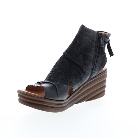 Miz Mooz Anna Womens Black Leather Zipper Wedges Sandals Shoes