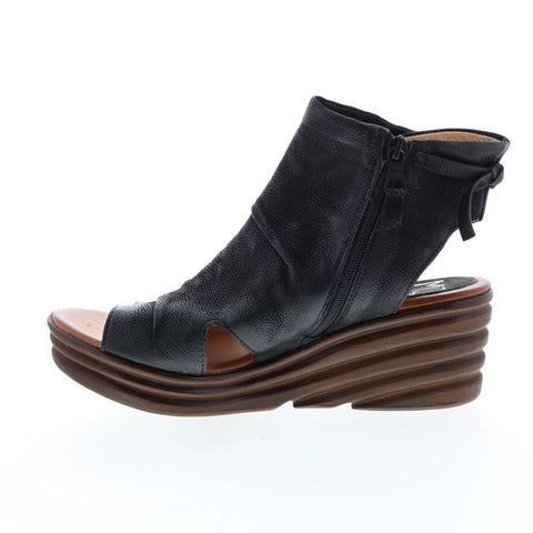 Miz Mooz Anna Womens Black Leather Zipper Wedges Sandals Shoes