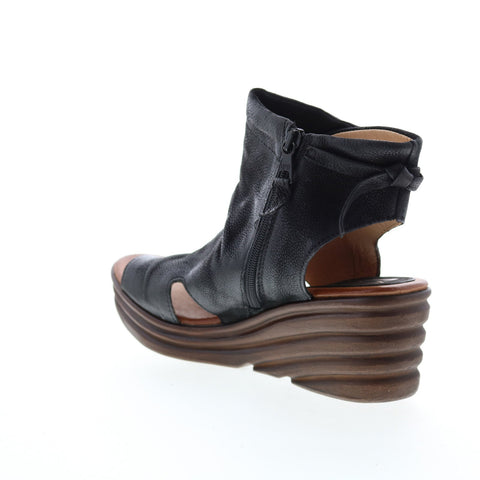 Miz Mooz Anna Womens Black Leather Zipper Wedges Sandals Shoes
