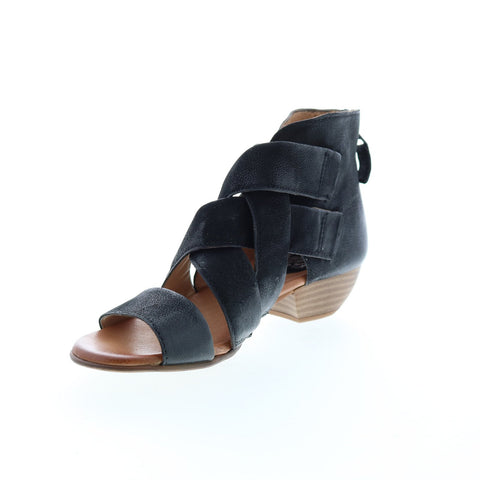 Miz Mooz Chasen P41003 Womens Black Leather Strap Heeled Sandals Shoes