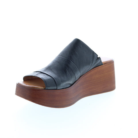 Miz Mooz Gianna P65003 Womens Black Leather Slip On Wedges Sandals Shoes
