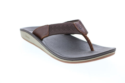 Olukai Nohona Ulana 10349-6363 Mens Brown Canvas Slip On Flip-Flops Sandals Shoes