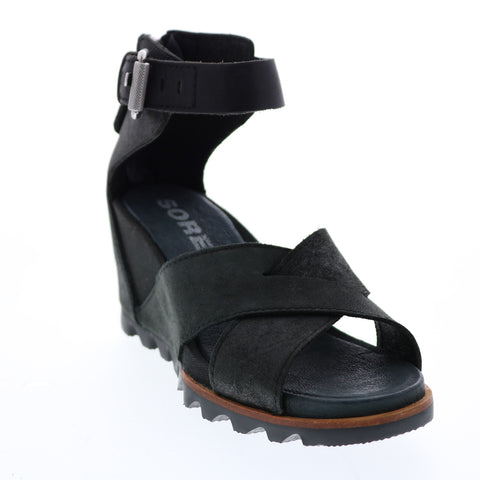 Sorel Joanie Sandal Wedge 1787341010 Womens Black Leather Strap Heels Shoes