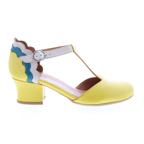 Miz Mooz Friday Womens Yellow Leather Hook & Loop Strap Heels Shoes